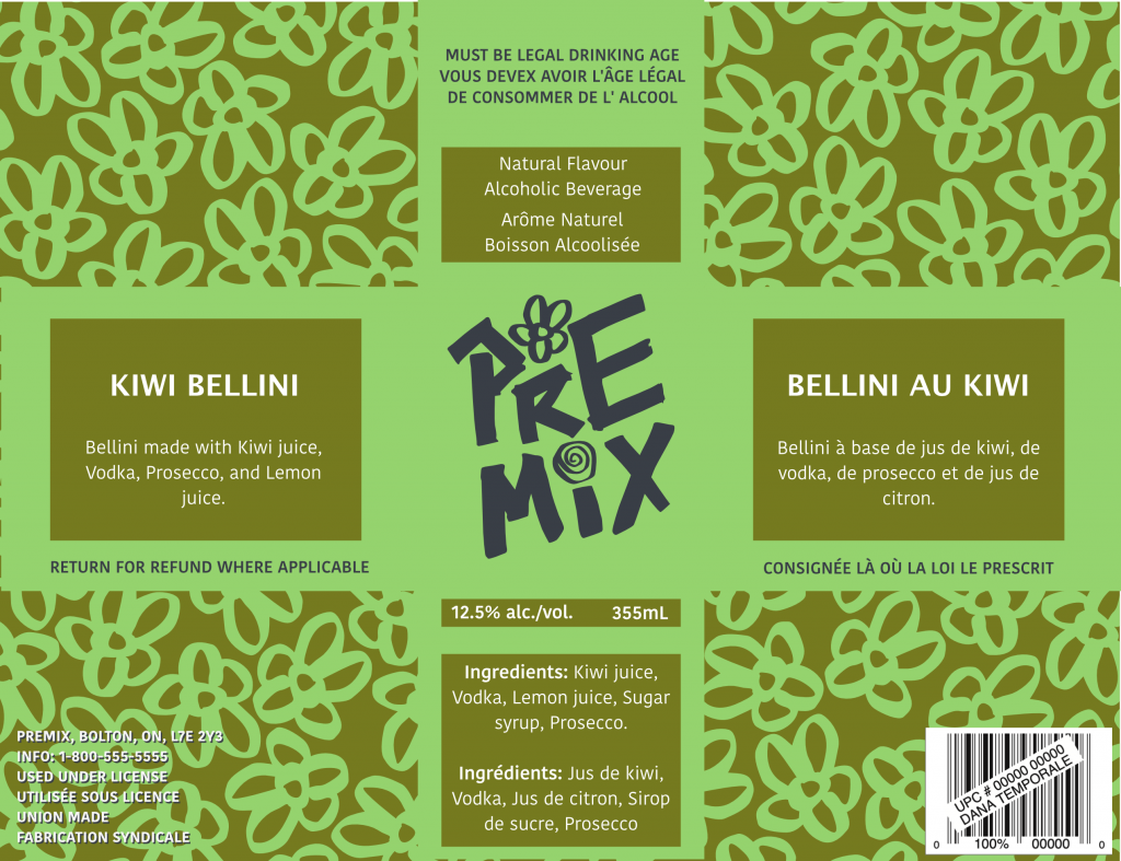 A flat layout of the PRE-MIX Kiwi Bellini can, showing a pattern of repeating green flowers with a cross overtop that has the information.