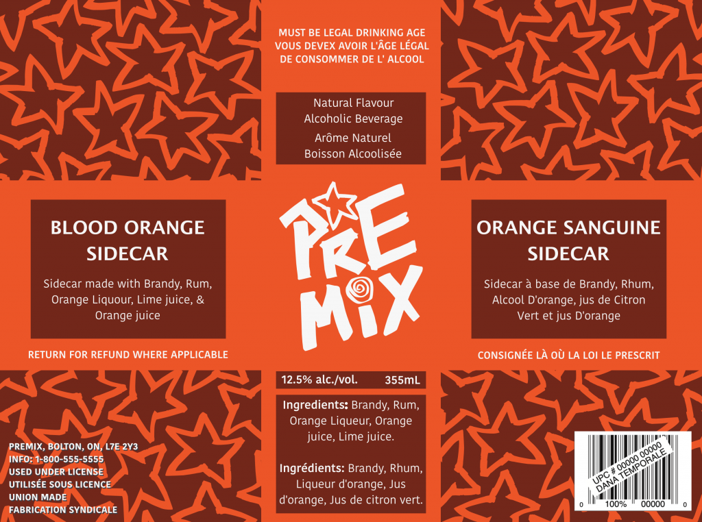 A flat layout of the Blood Orange Sidecar PRE-MIX can. A pattern of repeating stars covers the background, with a cross going down the middle of the can that holds all of the information.