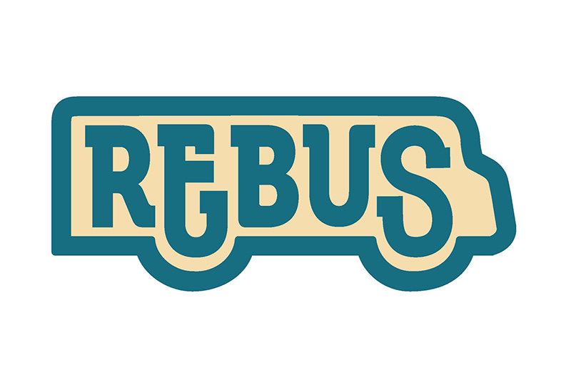 An outline of a bus with the word REBUS inside it.