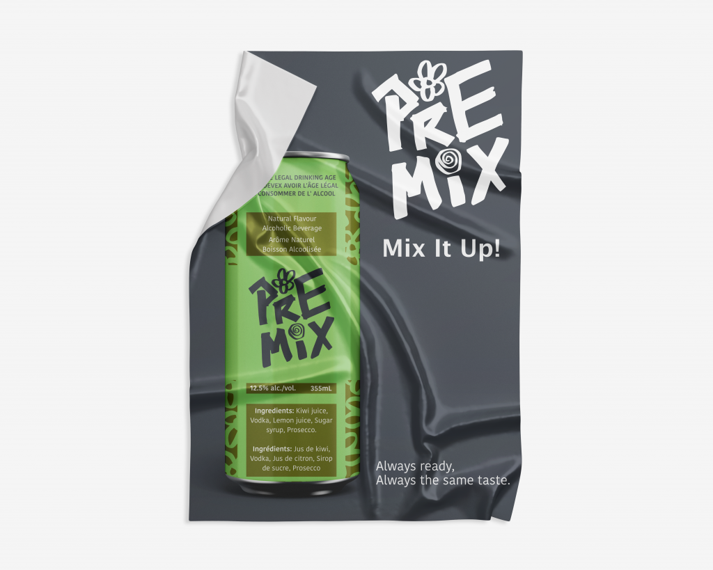 A flyer pasted to the wall for the Kiwi Bellini PRE-MIX can. The text on the poster reads "Mix It Up!" and "Always ready, always the same taste."