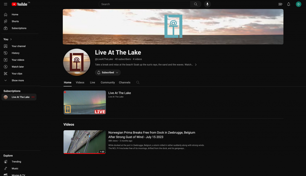 a youtube channel page for Live @ The Lake.