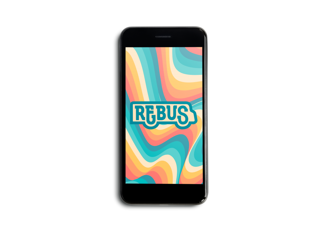 A iPhone displaying the REBUS loading page, with the rainbow pattern behind the REBUS logo.