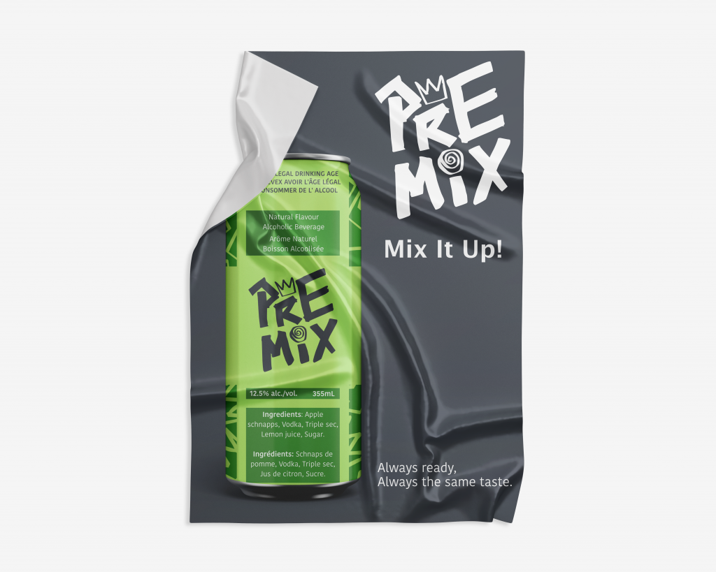 A flyer posted to the wall for the Apple Martini PRE-MIX can. The text on the poster reads "Mix It Up!" and "Always ready, always the same taste."