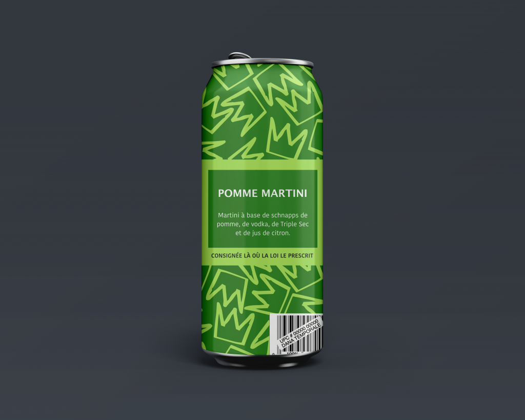 A green can in the middle of the frame, showing the french copy.