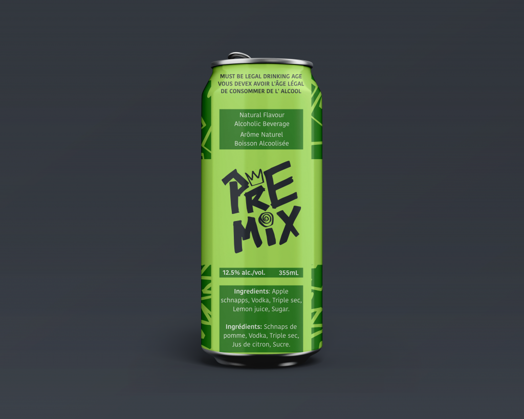 A green can in the middle of the frame, displaying the PRE-MIX logo.