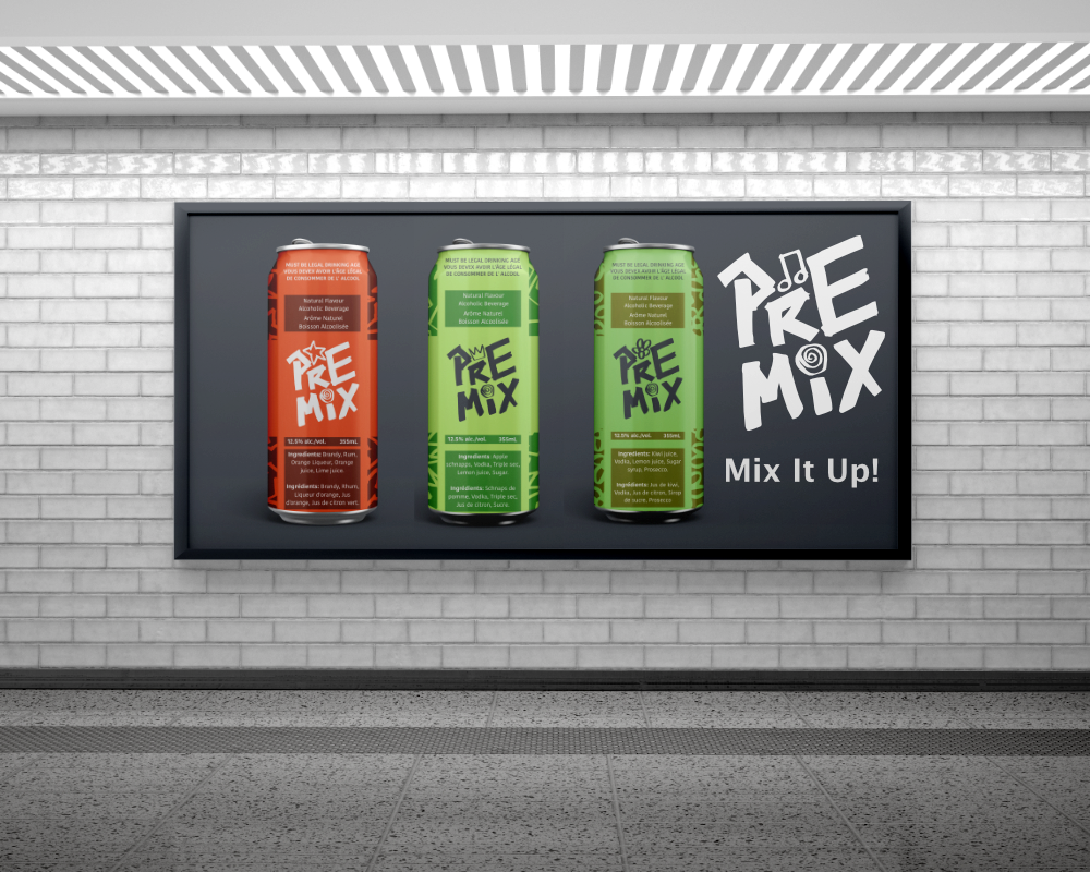 A billboard in a subway station that advertises the PRE-MIX cans. The three cans are lined up on the left side with the PRE-MIX logo on the right and a caption saying "Mix It Up!".