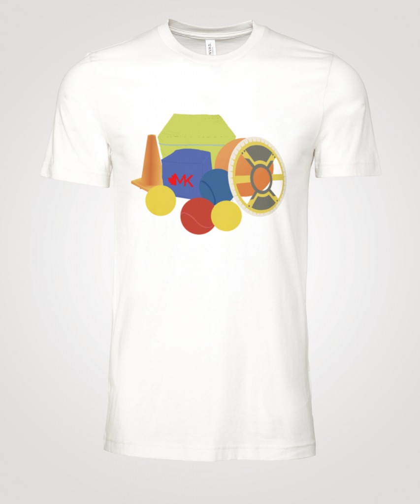 A white t-shirt with an array of FIRST Robotics game pieces.