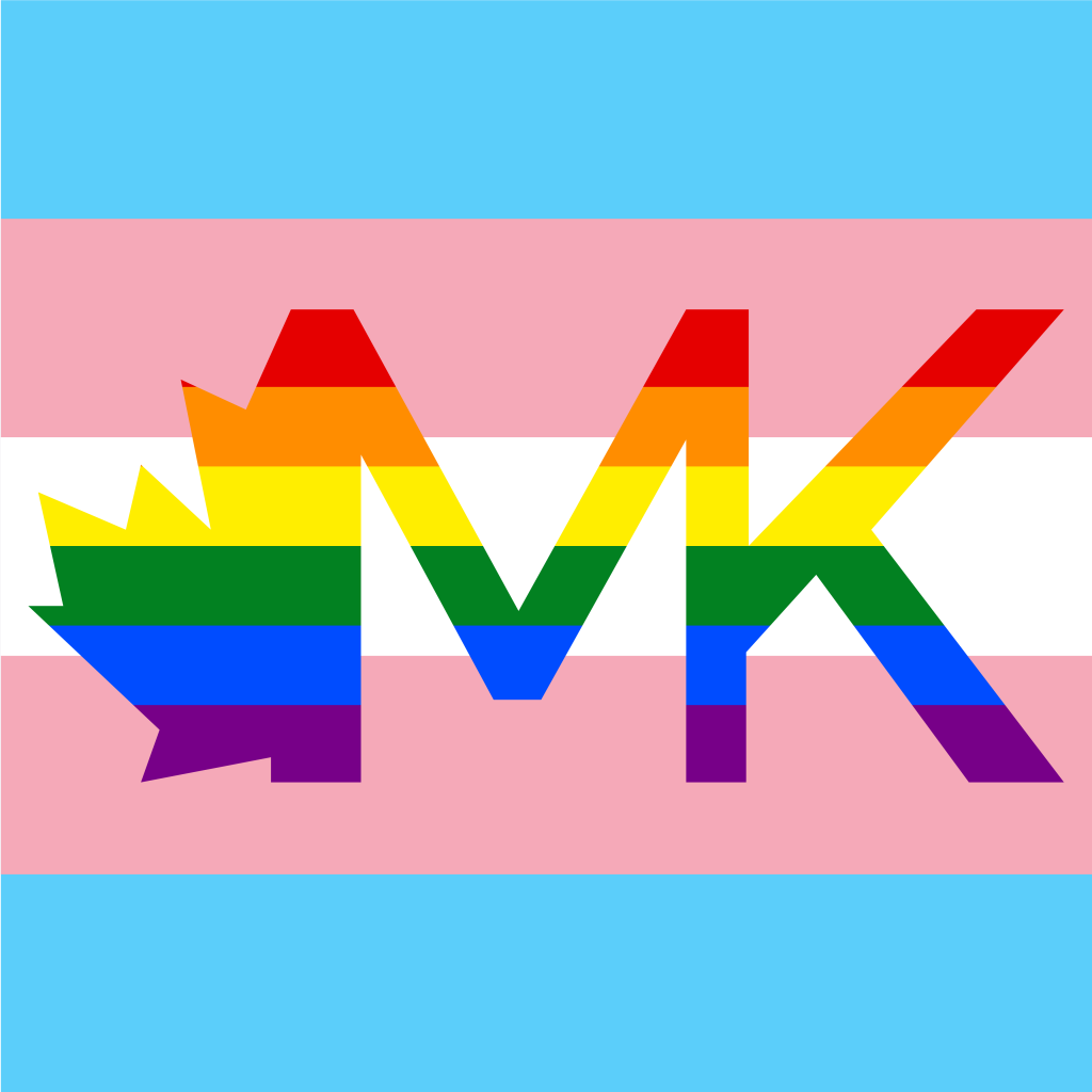 The Maple Kiddos logo, overlayed in the Rainbow flag ontop of a Trans flag background.