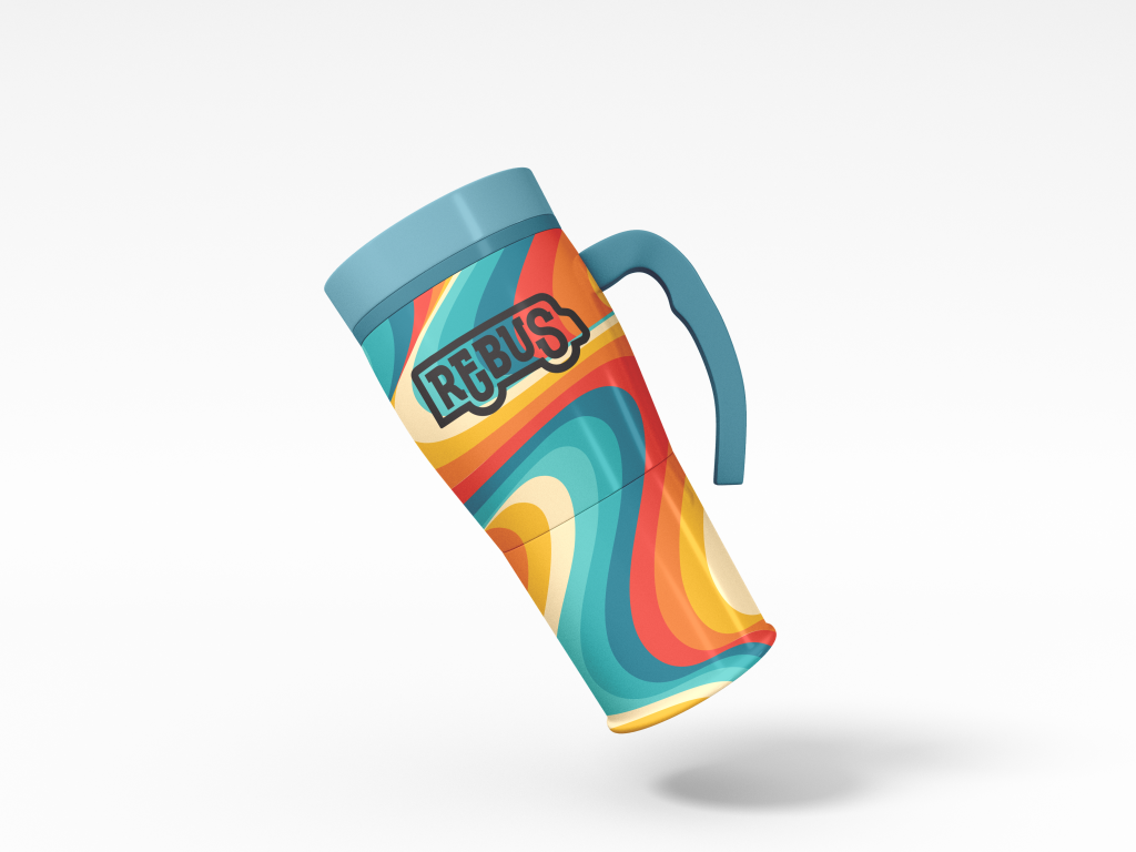 A travel mug with a rainbow pattern and the REBUS logo