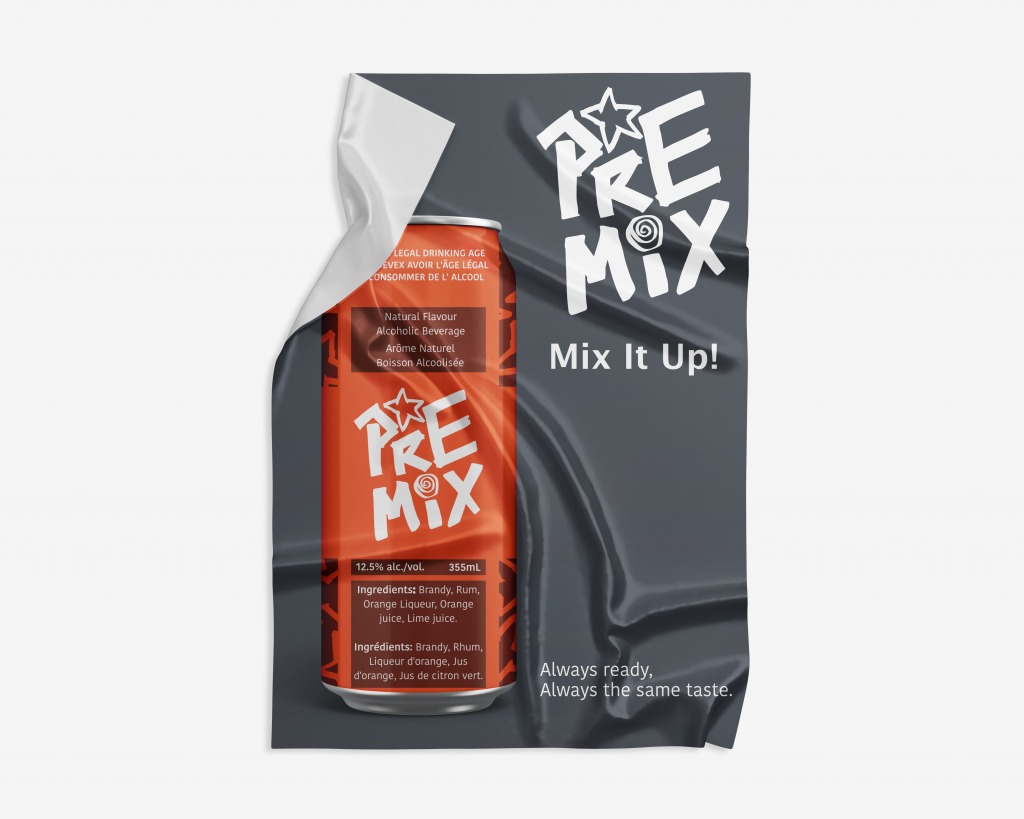 A flyer pasted to the wall for the Blood Orange Sidecar PRE-MIX can. The text on the poster reads "Mix It Up!" and "Always ready, always the same taste."