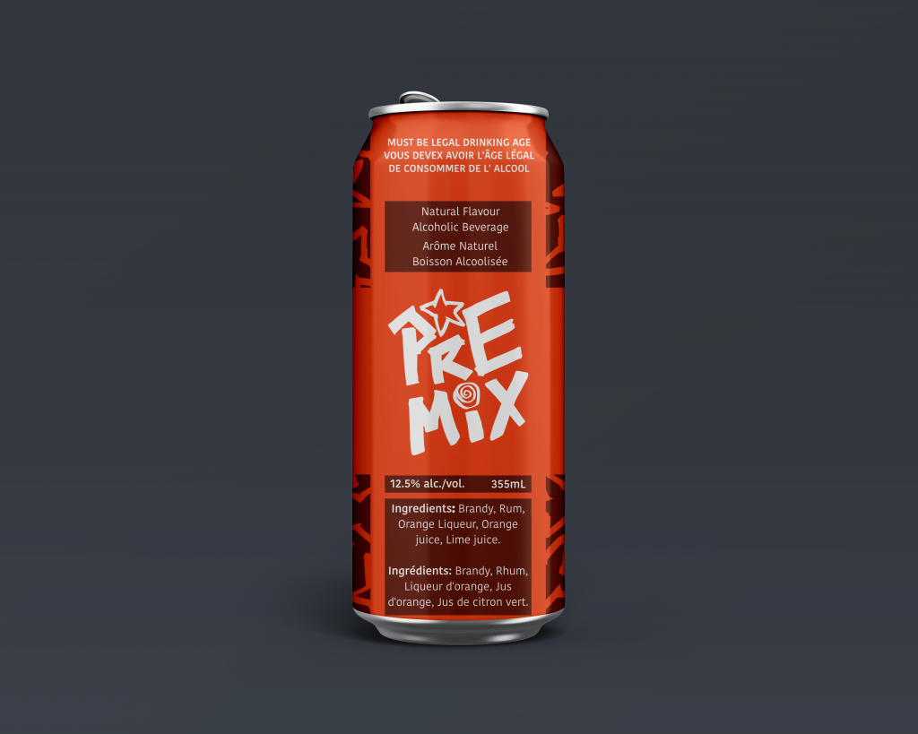 A red can in the middle of the frame, displaying the PRE-MIX logo.