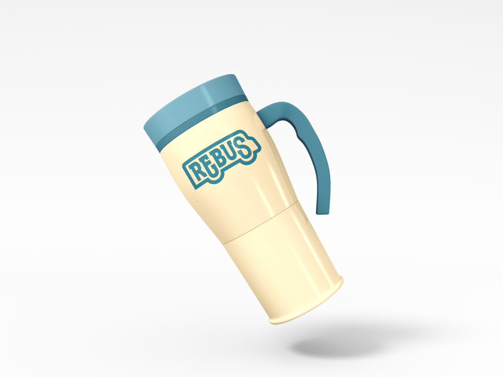 A travel mug with the REBUS logo on it